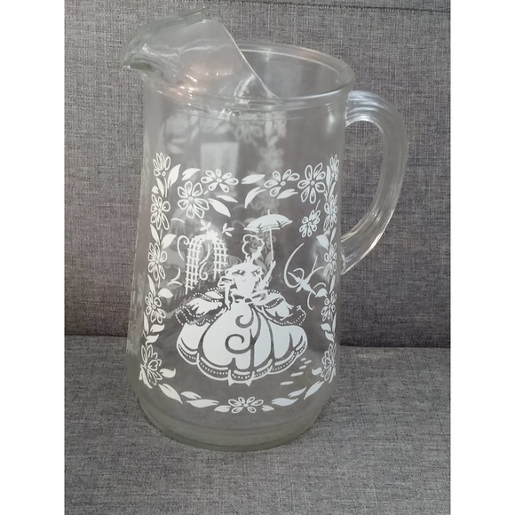 Vtg Southern Bell Pitcher White Etched Heavy Glass Elegant Lady w/ Umbrella (su1 - Picture 2 of 5
